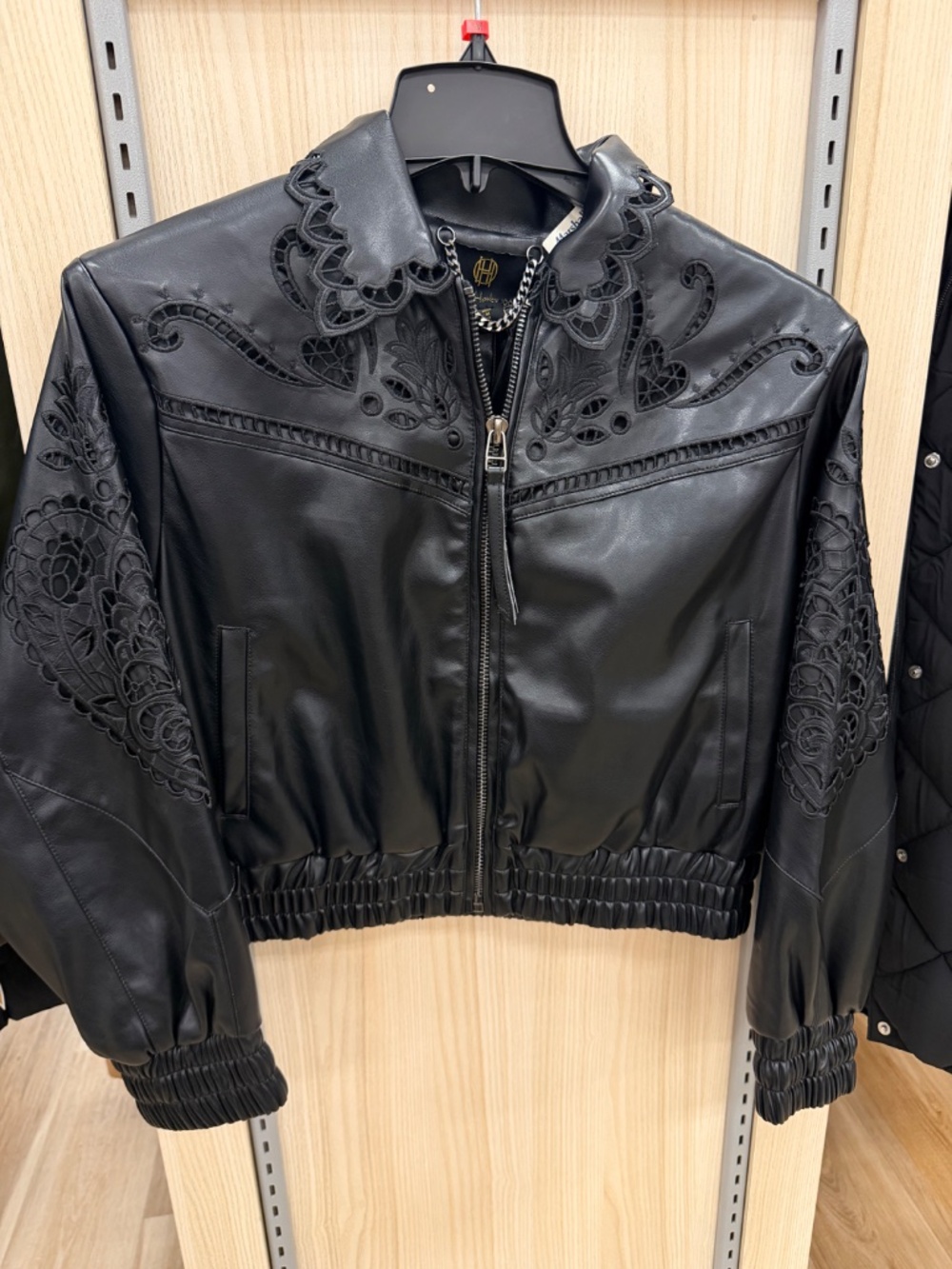 NWT House of Harlow 1960 Black Faux Leather cute Detail Bomber Jacket